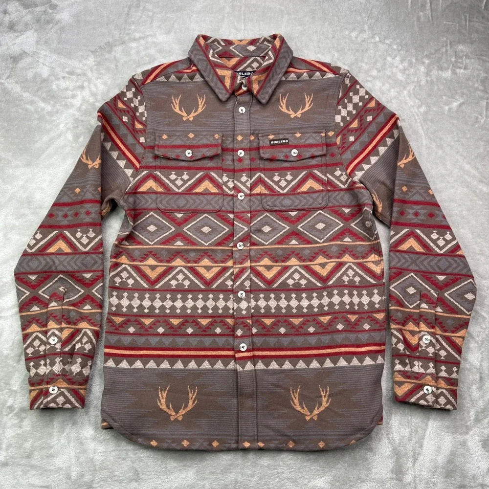 Burlebo Vintage Heavyweight Flannel Mens‎ Small Brown Aztec Southwestern Stretch